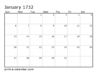 1732 Monthly Calendar