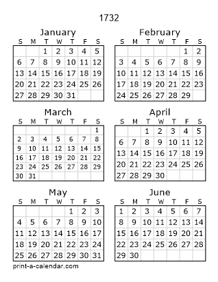 1732 Two Page Yearly Calendar | Six months per page