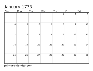 1733 Monthly Calendar