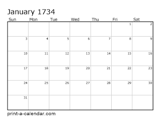 1734 Monthly Calendar