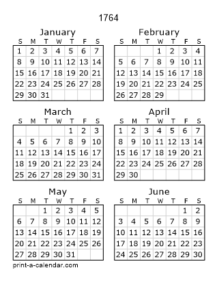 1764 Two Page Yearly Calendar | Six months per page