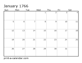 1766 Monthly Calendar