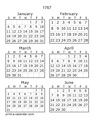 1767 Two Page Yearly Calendar | Six months per page