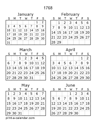 1768 Two Page Yearly Calendar | Six months per page