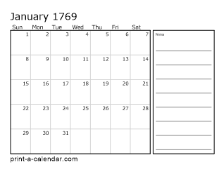 1769 Monthly Calendar with Notes