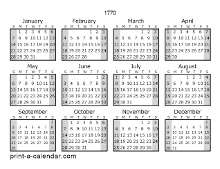 1770 Yearly Calendar (Style 1)