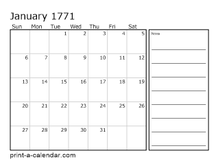 1771 Monthly Calendar with Notes