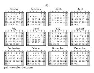 1771 Yearly Calendar (Style 1)