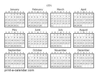 1771 Yearly Calendar | One page Calendar