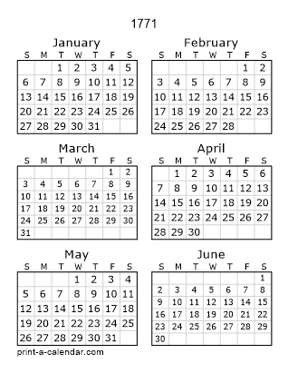 1771 Two Page Yearly Calendar | Six months per page