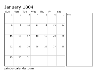 1804 Monthly Calendar with Notes