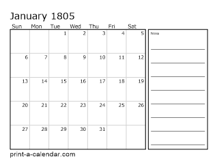 1805 Monthly Calendar with Notes