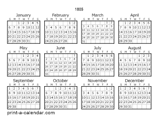 1805 Yearly Calendar | One page Calendar