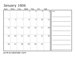 1806 Monthly Calendar with Notes