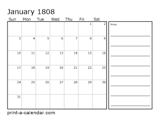 1808 Monthly Calendar with Notes