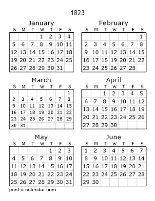 1823 Two Page Yearly Calendar | Six months per page