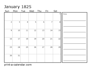 1825 Monthly Calendar with Notes