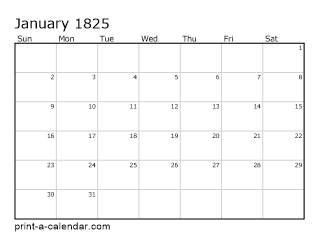 1825 Monthly Calendar