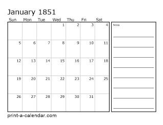 1851 Monthly Calendar with Notes