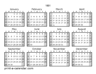 1851 Yearly Calendar (Style 1)