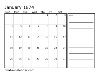 1874 Monthly Calendar with Notes