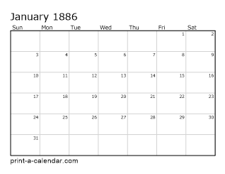 1886 Monthly Calendar