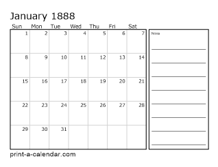 1888 Monthly Calendar with Notes