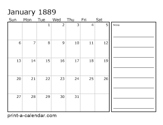 1889 Monthly Calendar with Notes