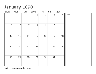 1890 Monthly Calendar with Notes