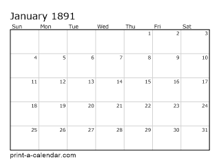 1891 Monthly Calendar