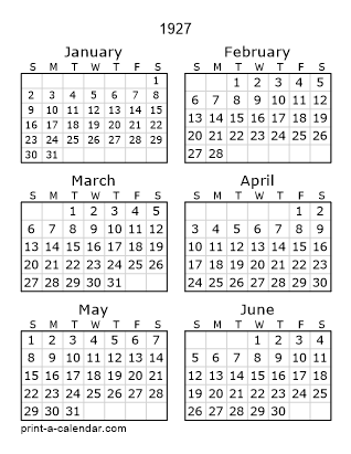 1927 Two Page Yearly Calendar | Six months per page