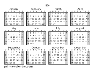 1936 Yearly Calendar (Style 1)