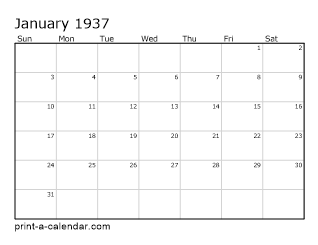 1937 Monthly Calendar