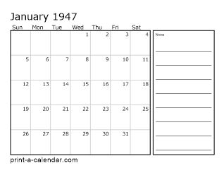 1947 Monthly Calendar with Notes