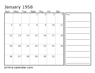 1958 Monthly Calendar with Notes