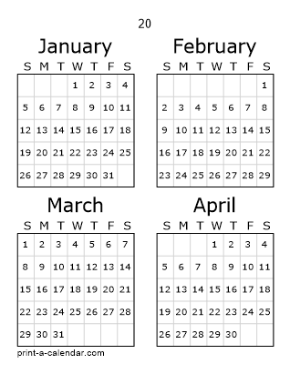 20 Three Page Yearly Calendar | Four months per page