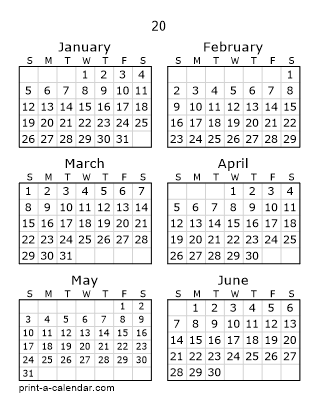 20 Two Page Yearly Calendar | Six months per page