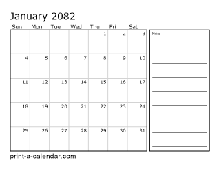 2082 Monthly Calendar with Notes