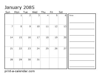 2085 Monthly Calendar with Notes