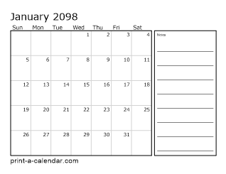 2098 Monthly Calendar with Notes