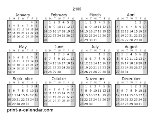 2106 Yearly Calendar (Style 1)