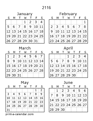 2116 Two Page Yearly Calendar | Six months per page