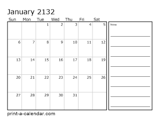 2132 Monthly Calendar with Notes