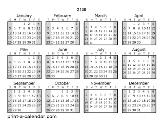 2138 Yearly Calendar (Style 1)