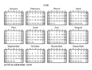 2139 Yearly Calendar (Style 1)