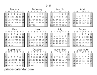 2147 Yearly Calendar (Style 1)