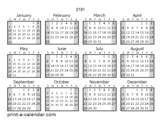 2151 Yearly Calendar (Style 1)