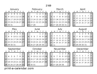 2169 Yearly Calendar (Style 1)