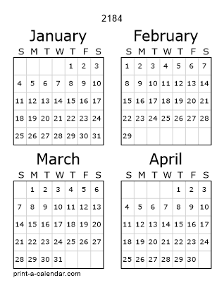 2184 Three Page Yearly Calendar | Four months per page