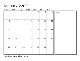 2200 Monthly Calendar with Notes